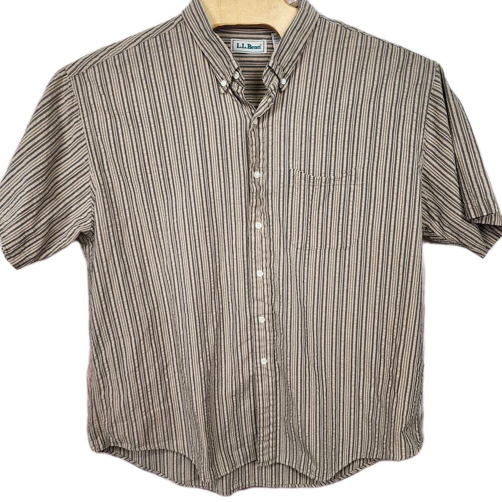 VTG Men's LL Bean Shirt Brown Button Down Seersucker Striped USA XXL 2XL